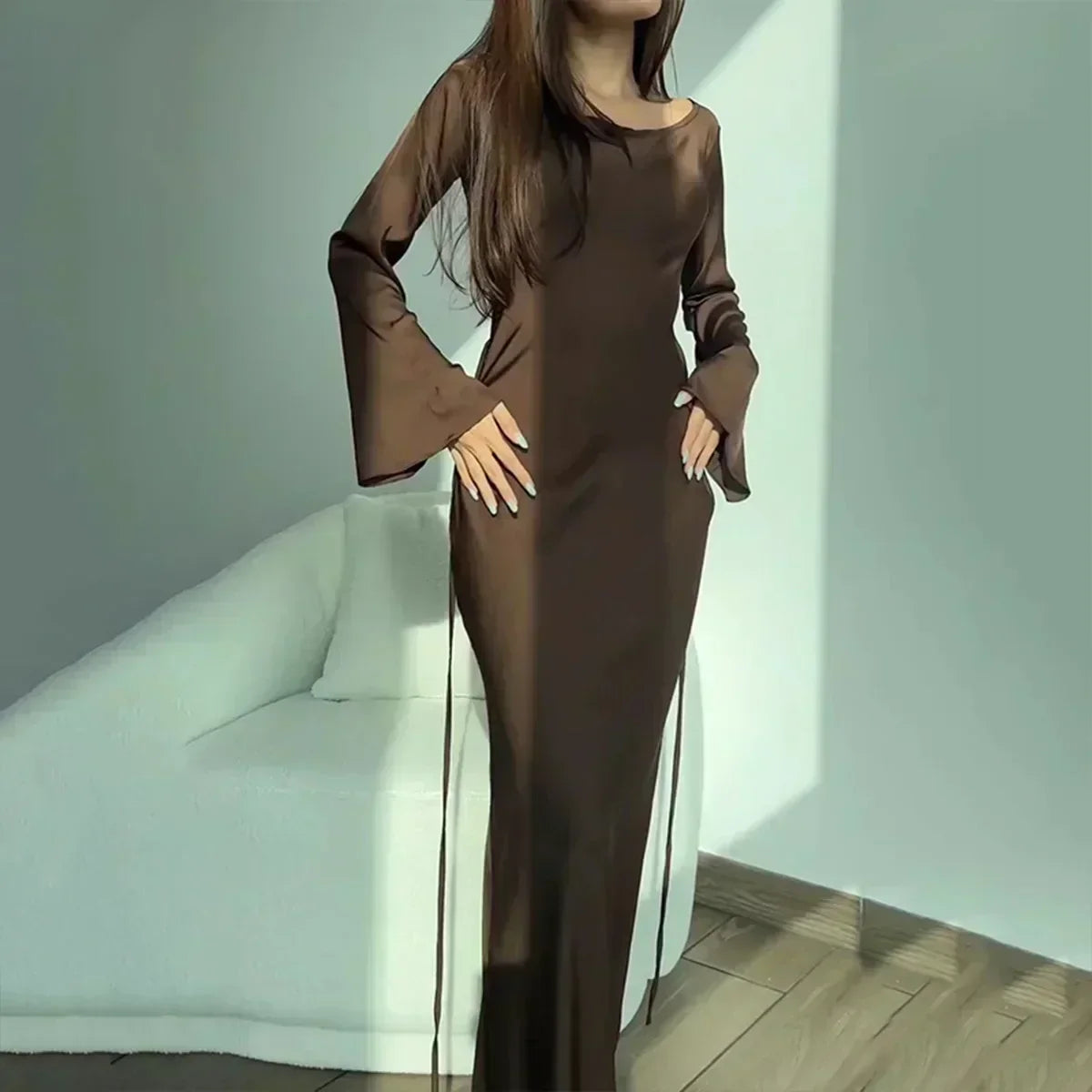 Satin Cowl Neck Bell Sleeve Bodycon Maxi Gown - View 3
