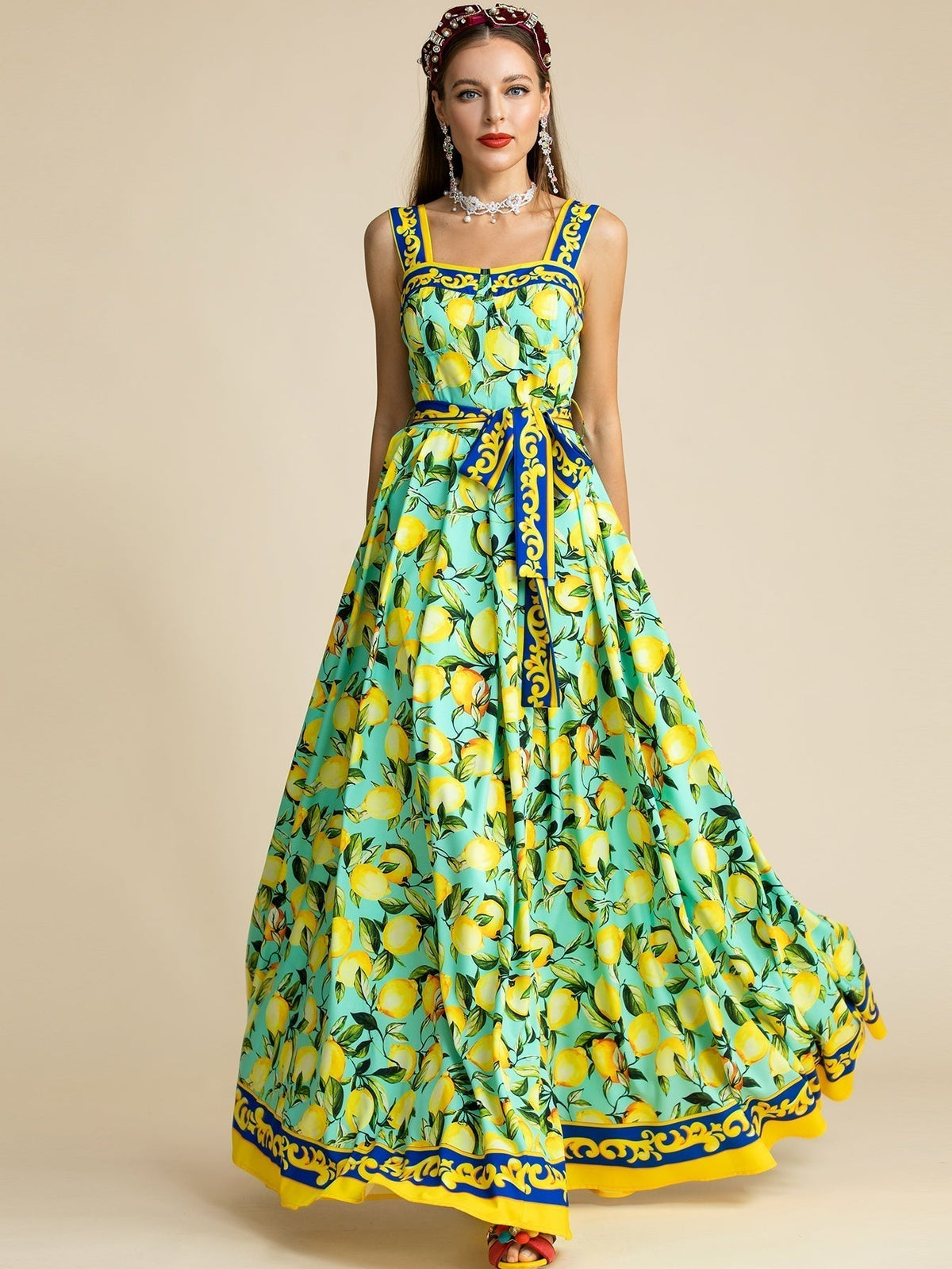 Lemon Print Square Neck Belted A-Line Maxi Dress 4