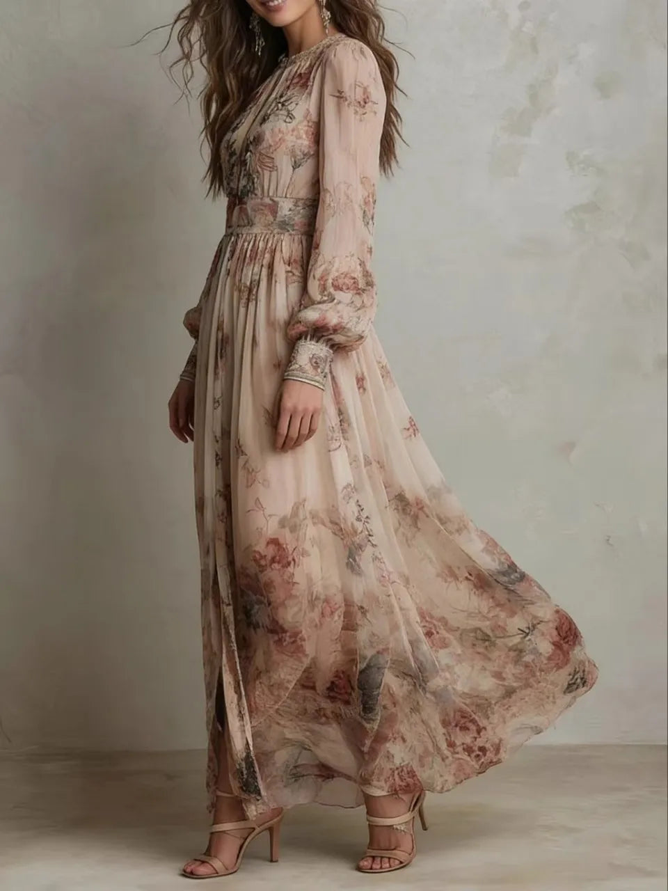 Floral Tie Neck Long Sleeve High Split Chiffon Maxi Dress 5