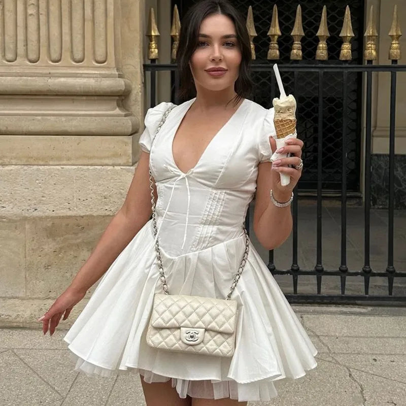 Deep V-Neck Puff Sleeve Corset Fit and Flare Mini Dress - View 5