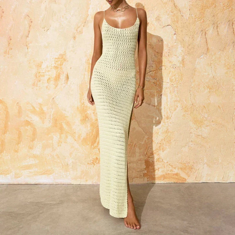 Crochet Knit Spaghetti Strap Scoop Neck Bodycon Maxi Dress - View 4