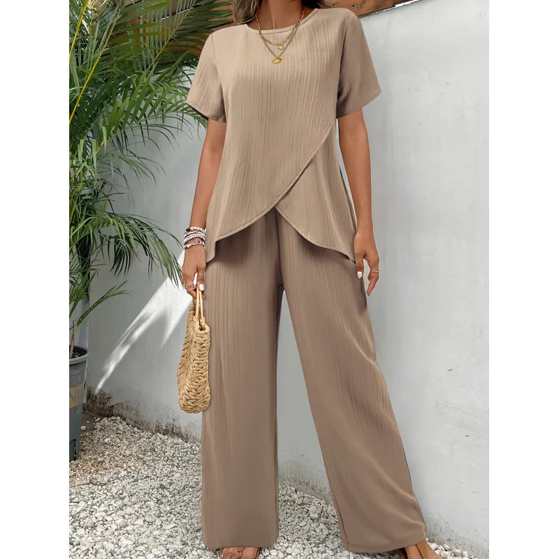 Short Sleeve Crossover Hem Top and Wide Leg Pants Two Piece Set 2