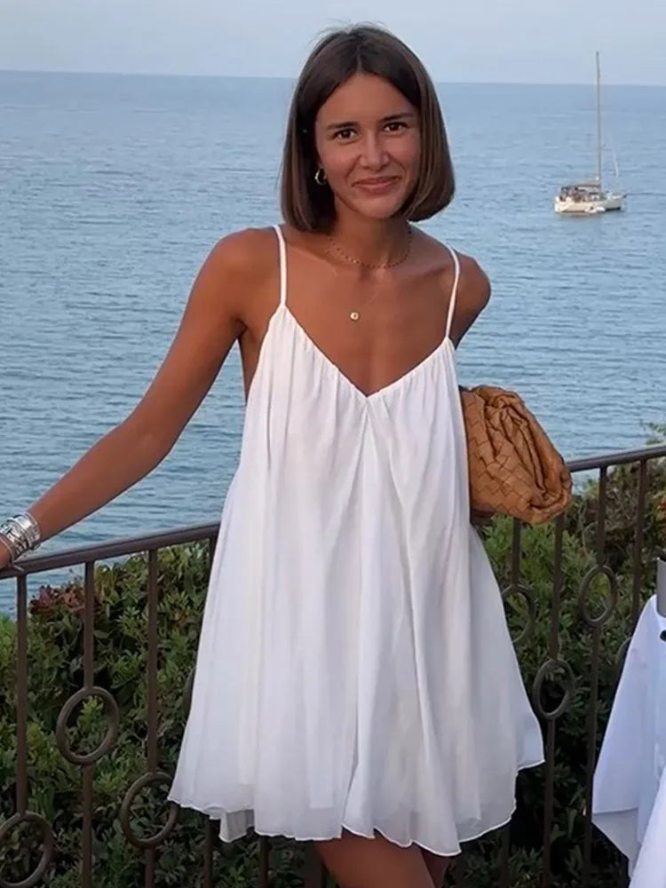 Chiffon Spaghetti Strap Deep V-Neck Gathered Flowy Babydoll Dress