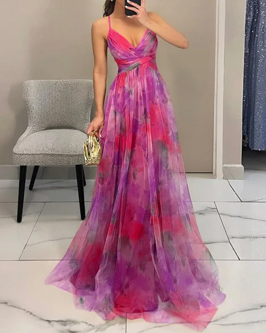 Watercolor Floral Print V-Neck Spaghetti Strap Flowy Maxi Dress 10