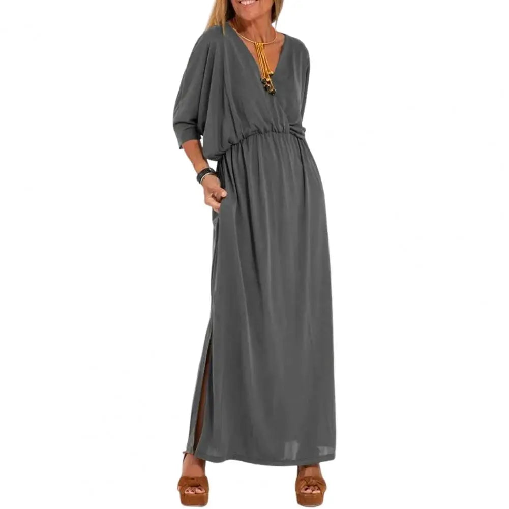 V-Neck Batwing Sleeve Elastic Waist Pocket Maxi Dress 7