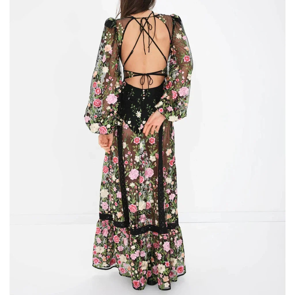 Floral Embroidery Mesh Bishop Sleeve Deep V-Neck Maxi Gown - View 6