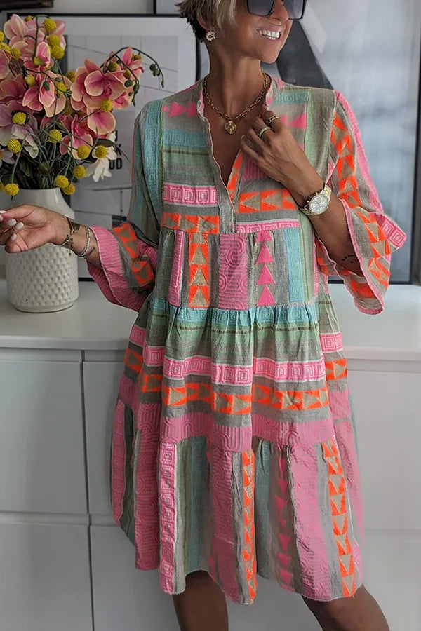 Geometric Print V-Neck Tiered Tunic Dress 2
