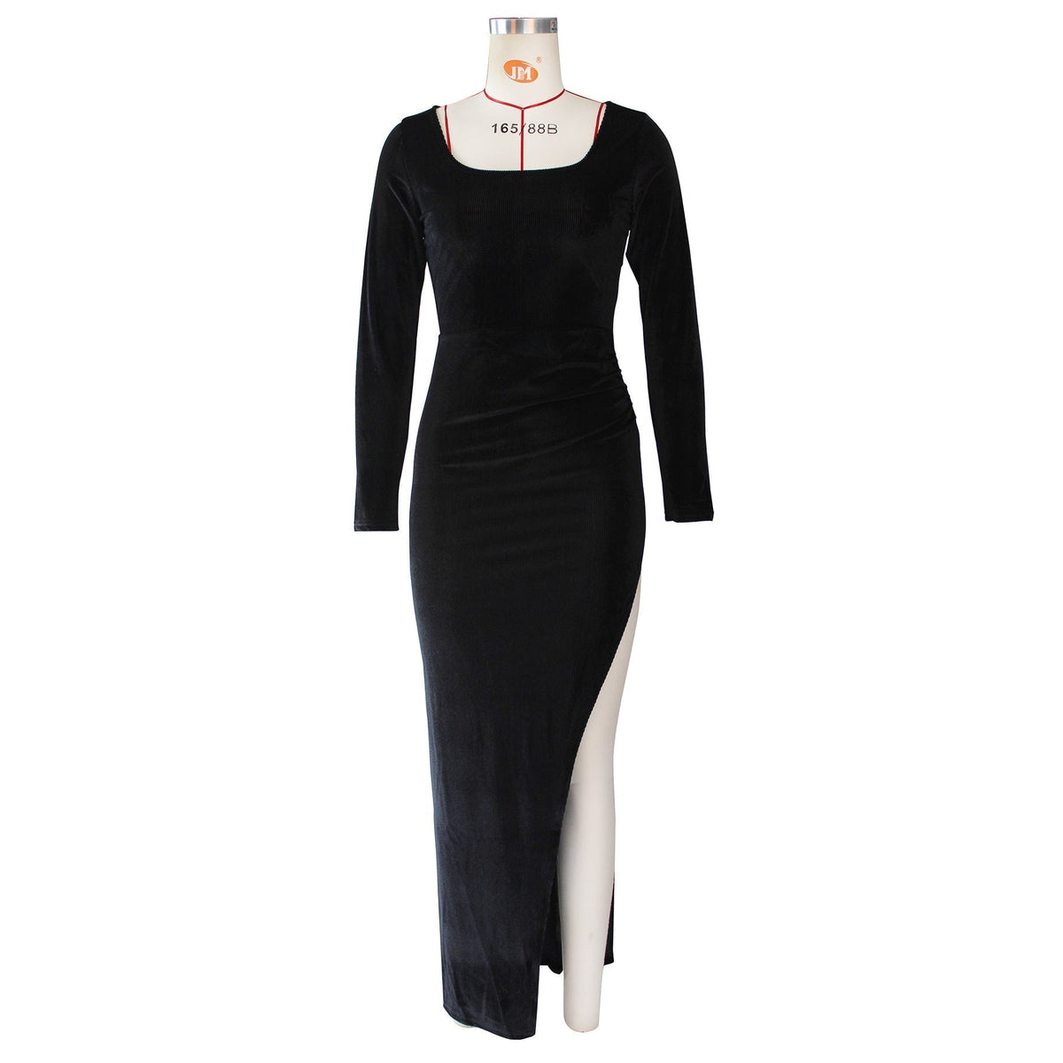 Velvet Square Neck Long Sleeve Ruched High Split Bodycon Maxi Dress 29