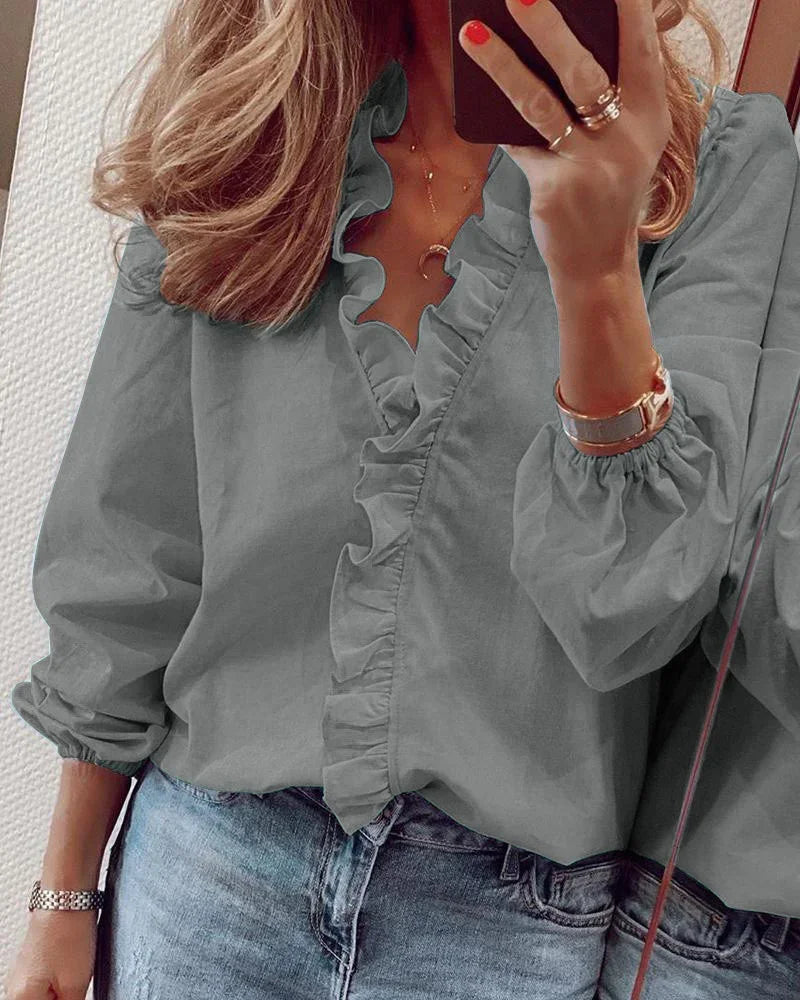 Ruffle Trim V-Neck Long Sleeve Blouse 7