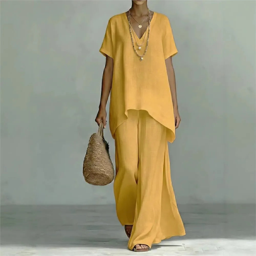 V-Neck Short Sleeve High Low Top and Wide Leg Pants Two Piece Set 4