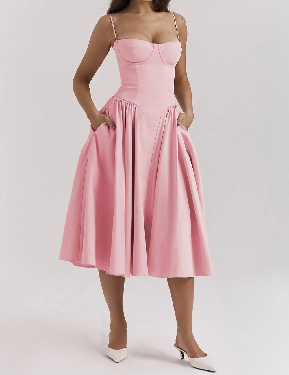 Spaghetti Strap Sweetheart Corset Fit and Flare Midi Dress - View 20
