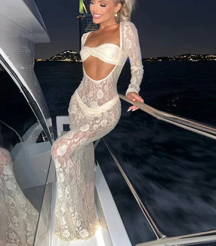 Perspective Lace Hollow Out Bodycon Maxi Dress