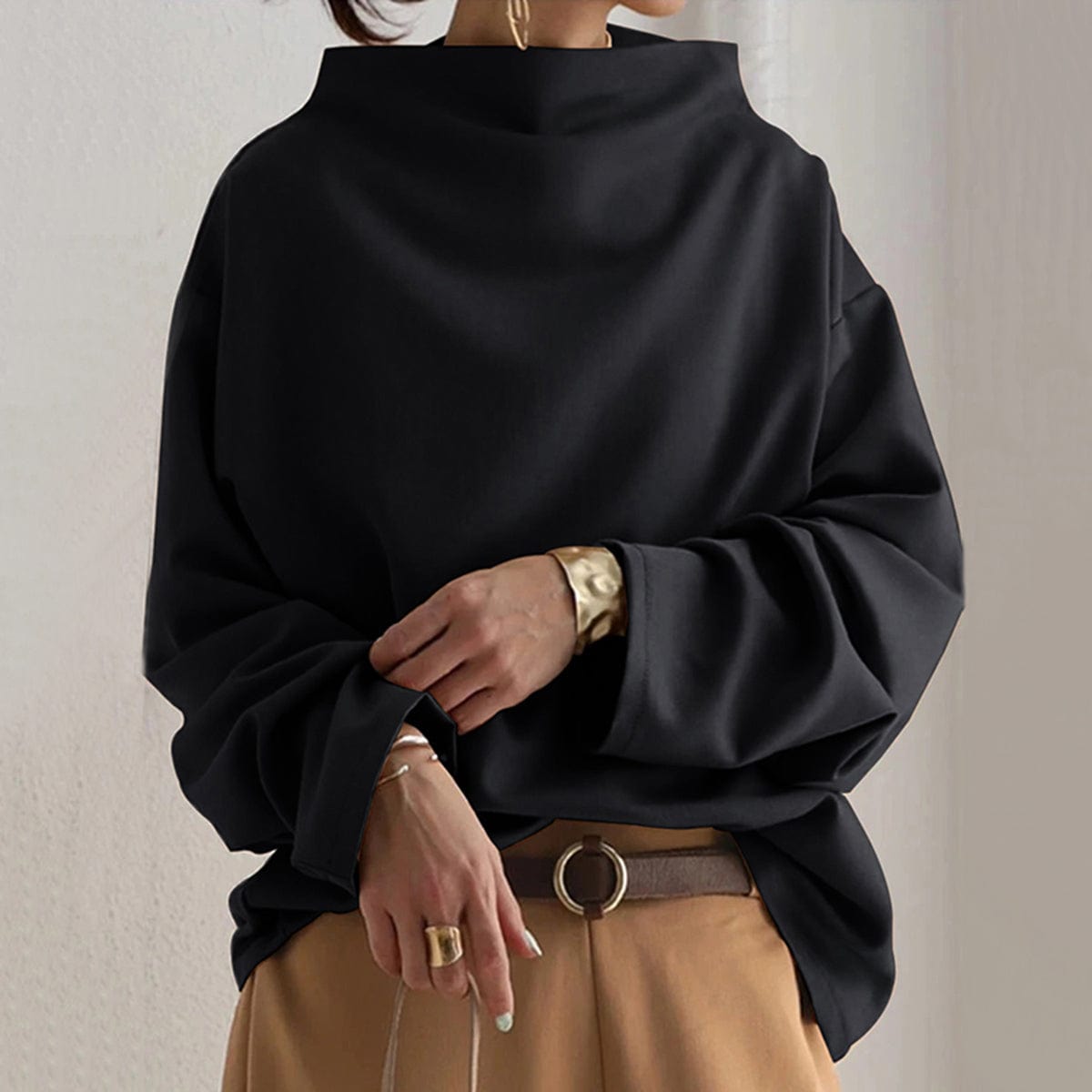 Mock Neck Long Sleeve Drop Shoulder Oversized Sweatshirt