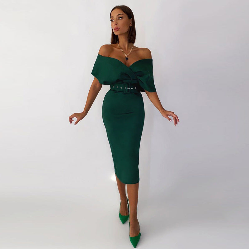 Satin Deep V-Neck Batwing Sleeve Belted Bodycon Midi Dress - View 5