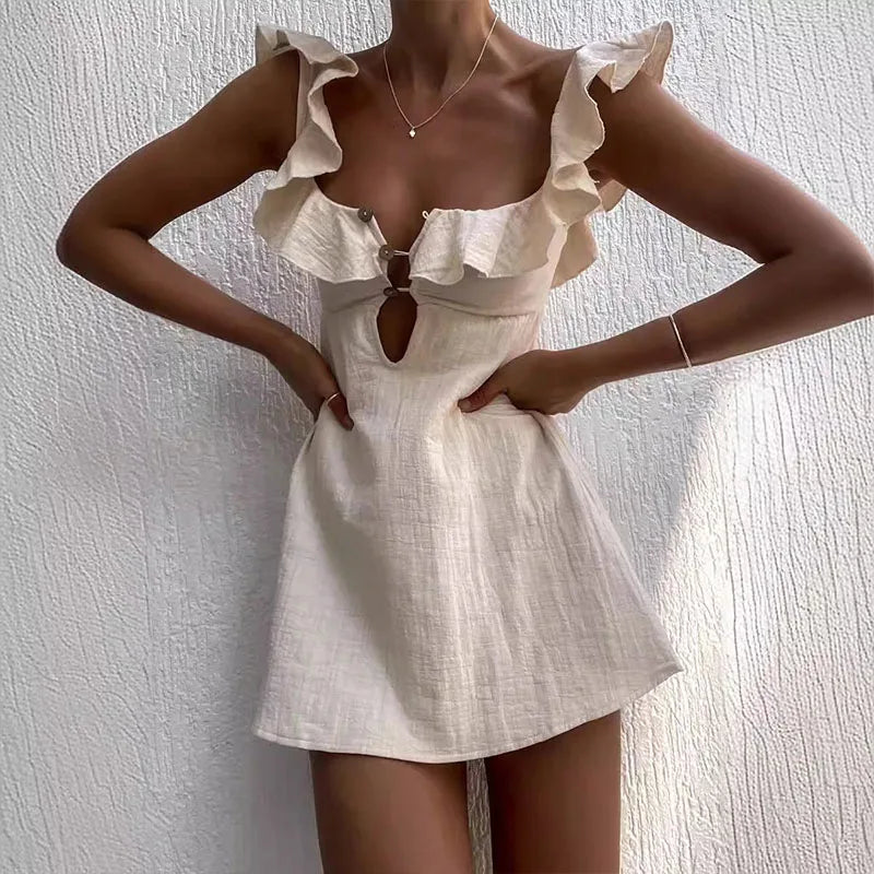 Square Neck Ruffle Button Front Cut Out Mini Summer Dress - View 3