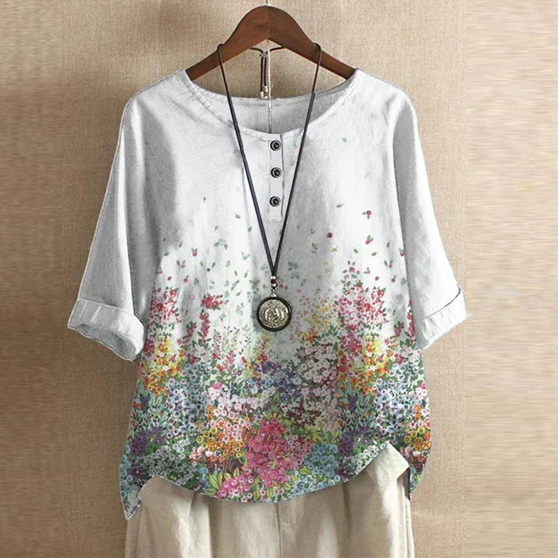 Round Neck Half Sleeve Floral Button Blouse 7