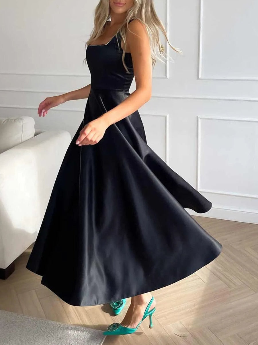 Satin Square Neck Rhinestone Trim Wide Strap Maxi Gown - View 2