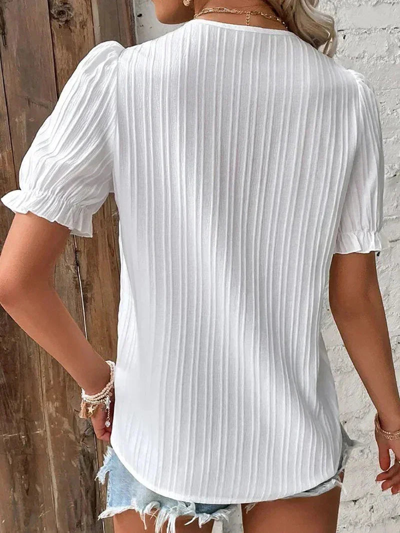 V-Neck Lace Trim Short Sleeve Blouse 2
