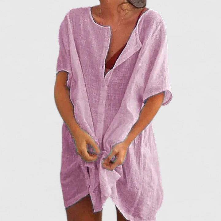Button Front Short Sleeve Linen Look Shirt Dress 3