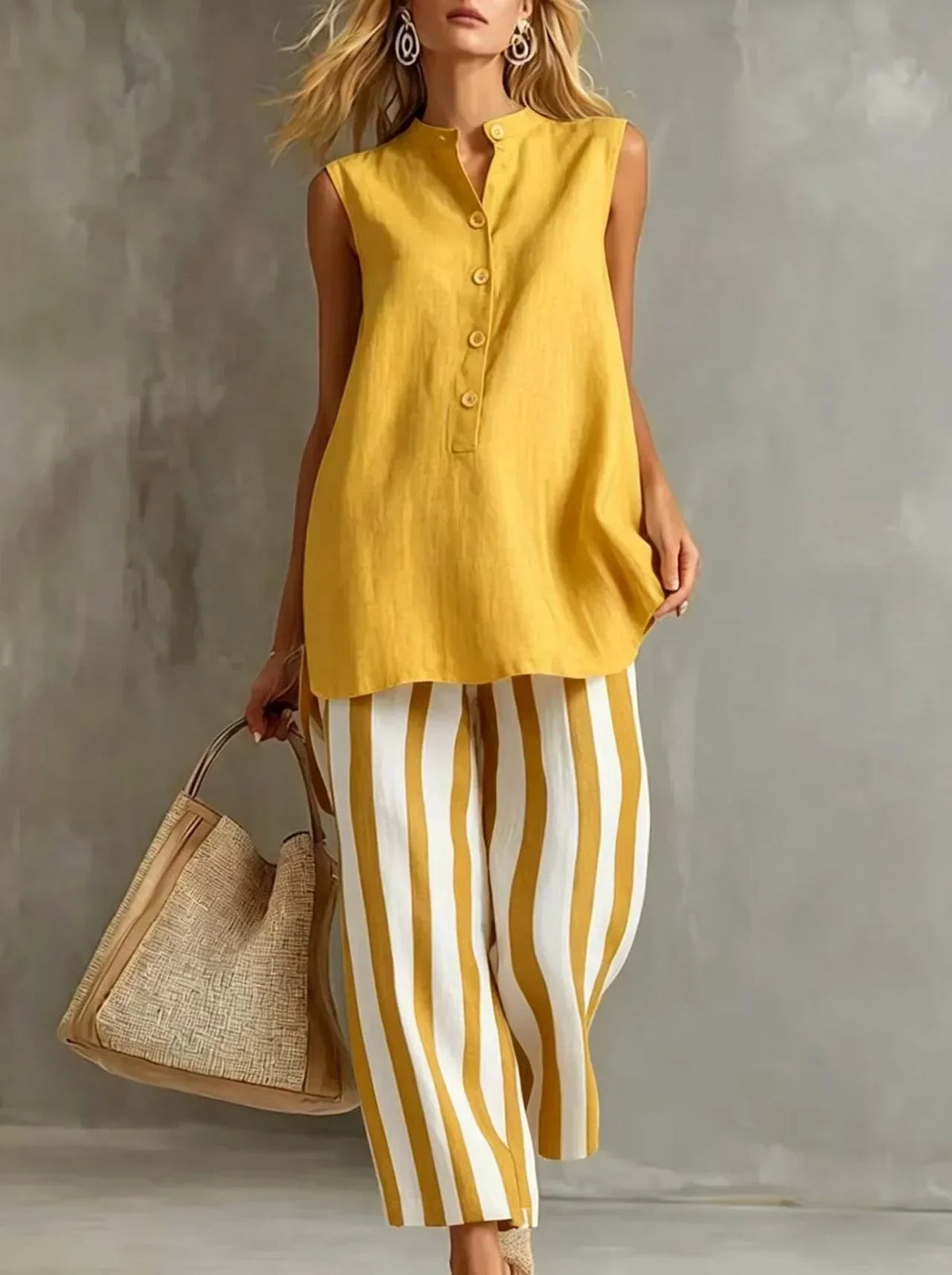 Sleeveless Button Front Tunic and Striped Wide Leg Pants Two Piece Set 2
