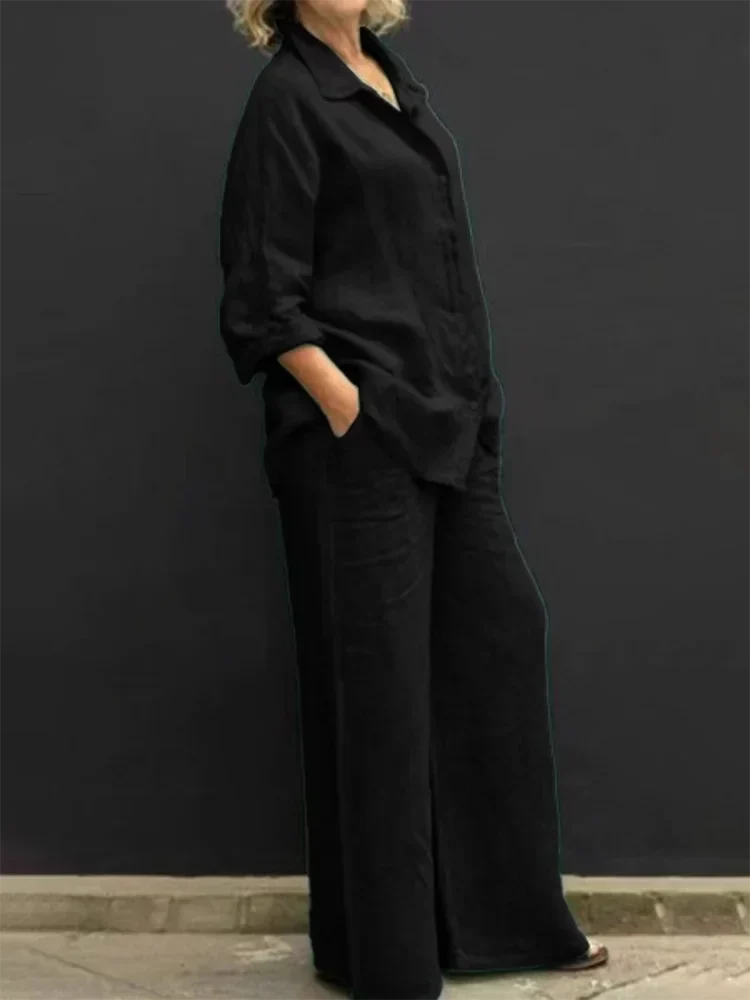 Long Sleeve Button Front Shirt and Wide Leg Pants Two Piece Set 2