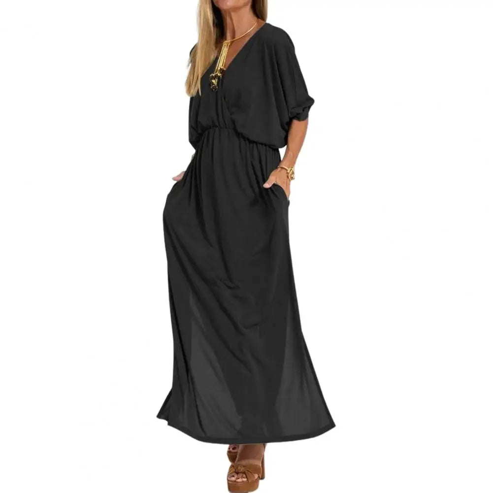 V-Neck Batwing Sleeve Elastic Waist Pocket Maxi Dress 4