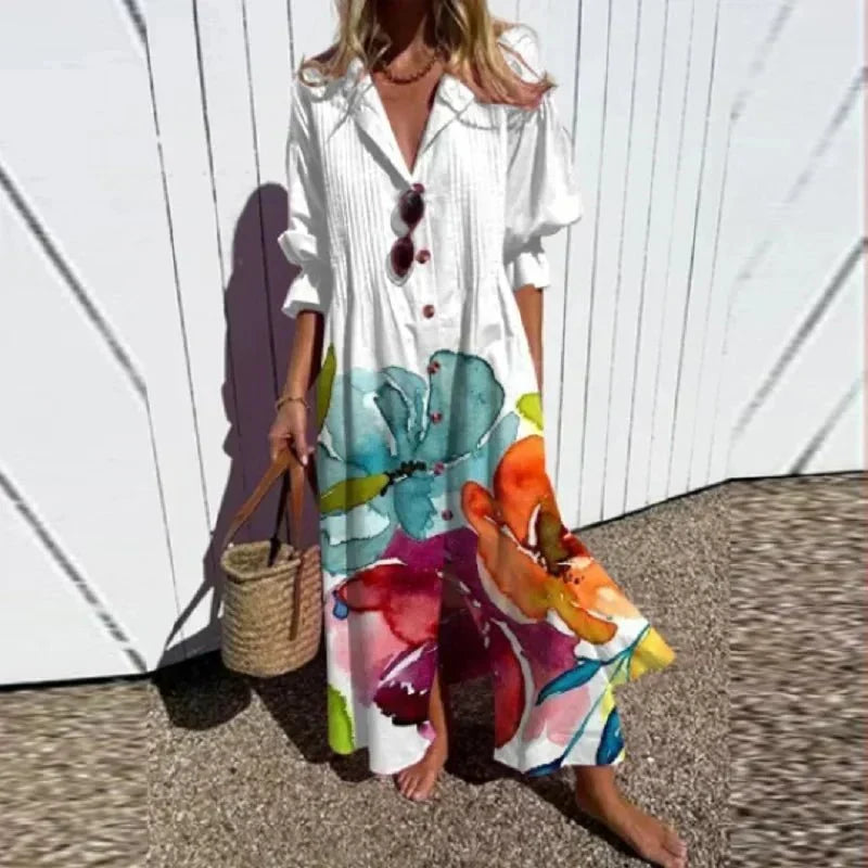 Watercolor Floral Notch Neck Puff Sleeve Maxi Dress 6