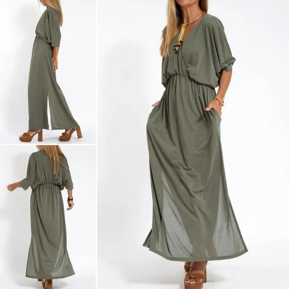V-Neck Batwing Sleeve Elastic Waist Pocket Maxi Dress 3