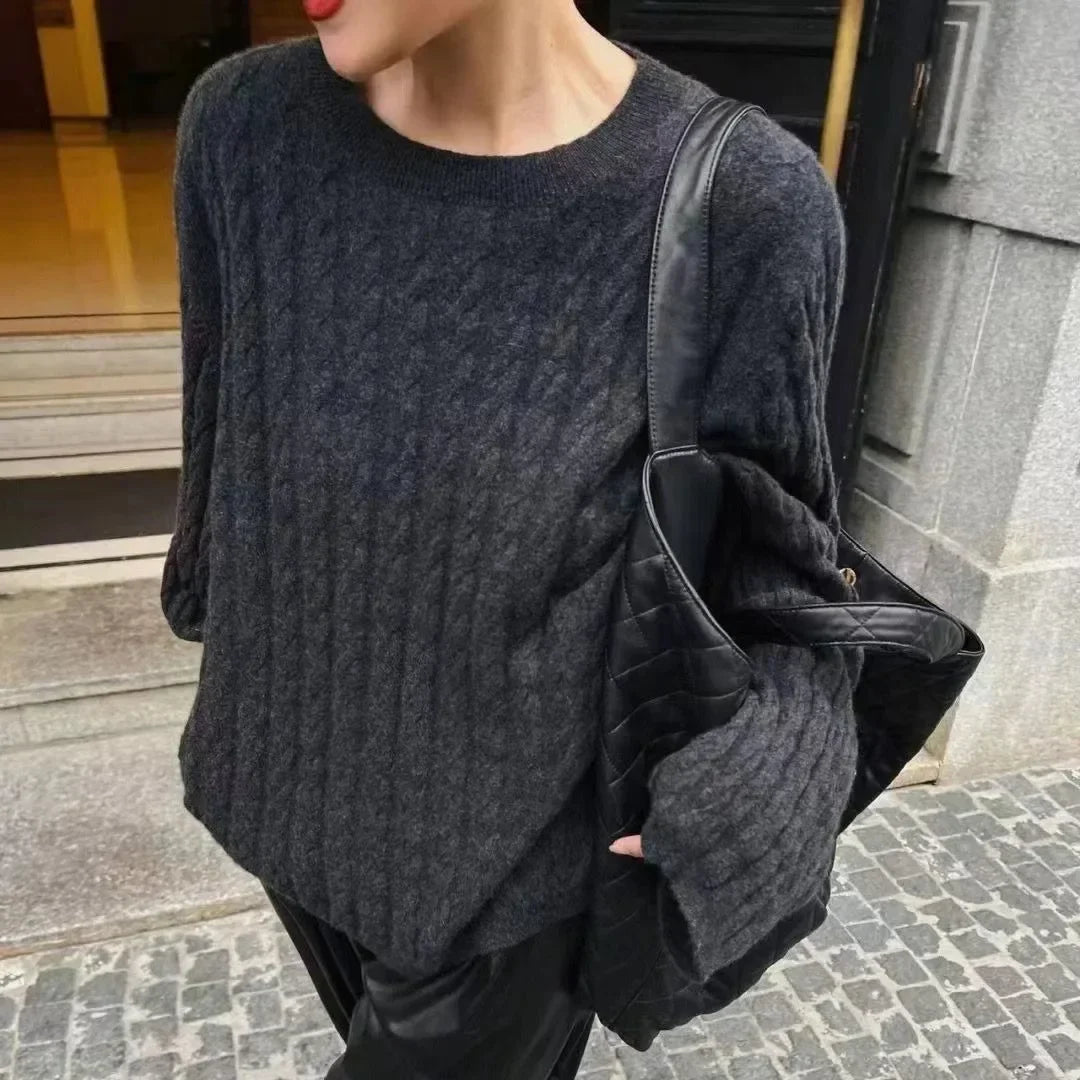 Crew Neck Long Sleeve Cable Knit Sweater 7