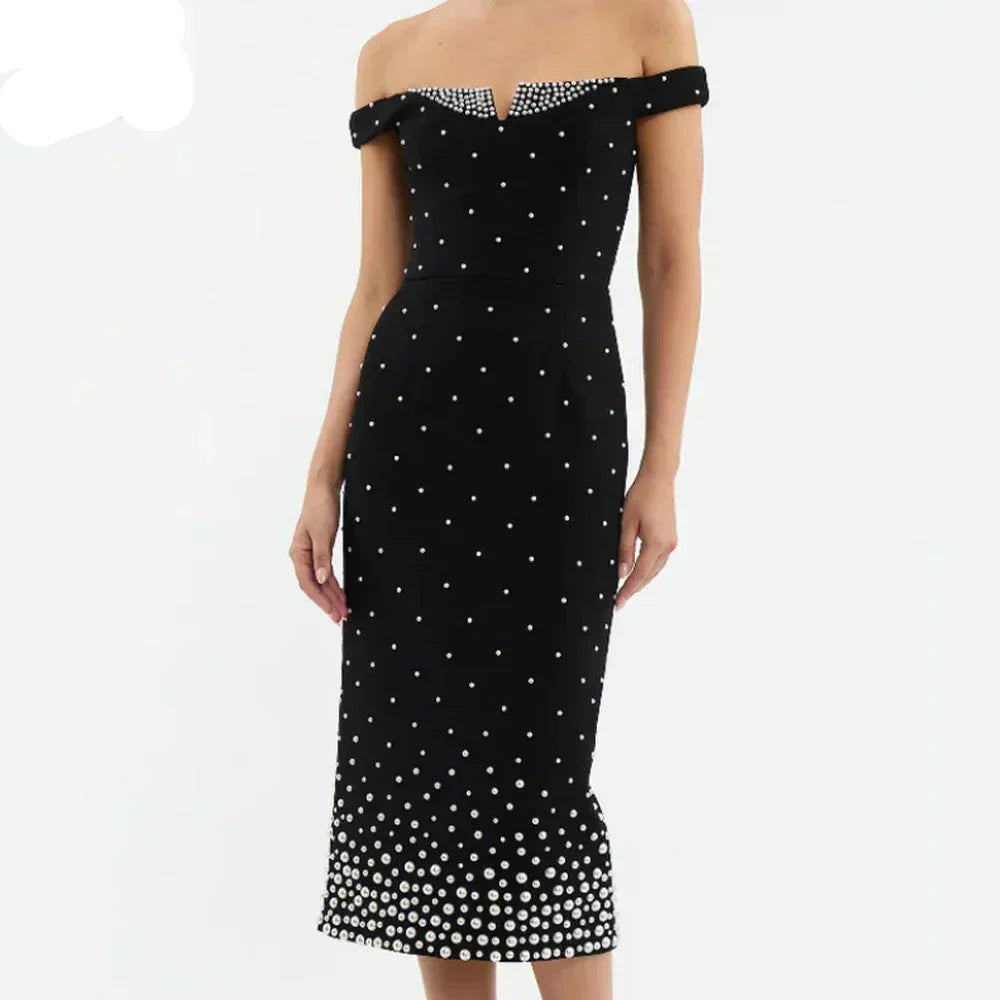 Pearl Trim Off Shoulder V Notch Beaded Gradient Hem Bodycon Midi Dress - View 3
