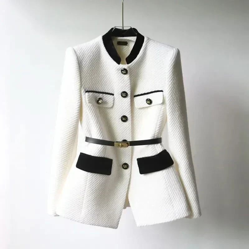 Stand Collar Belted Gold Button Tweed Jacket 6