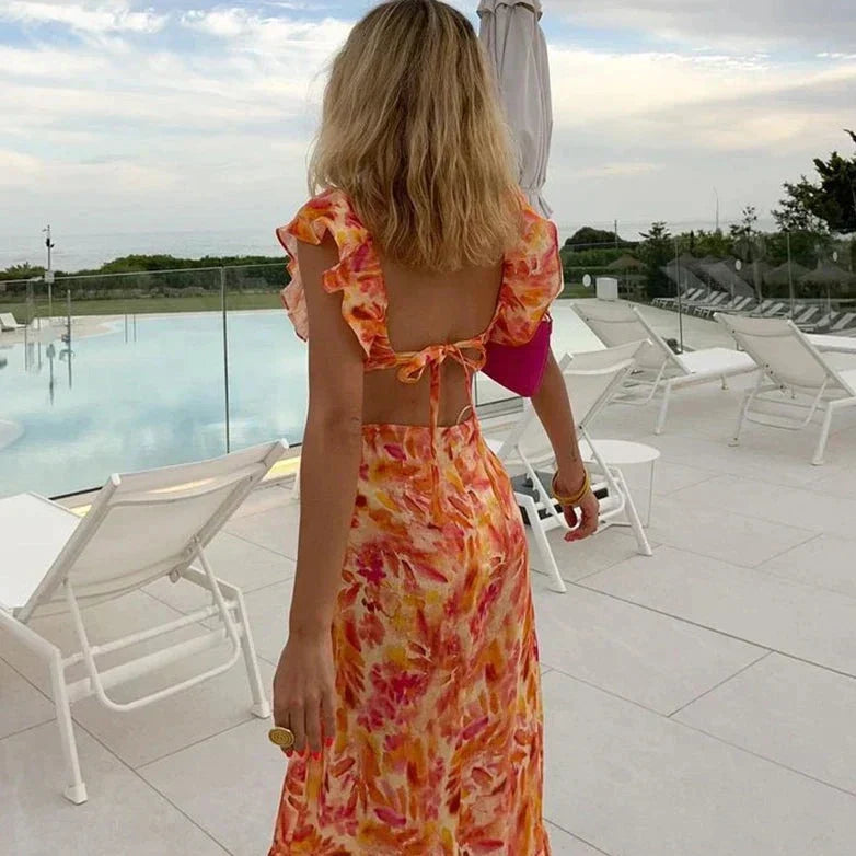 Floral Print Deep V-Neck Cut Out Waist Ruffle Hem Fishtail Maxi Dress - View 2