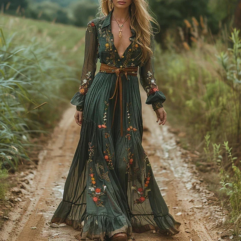 Embroidered Deep V-Neck Puff Sleeve Belted Boho Maxi Dress