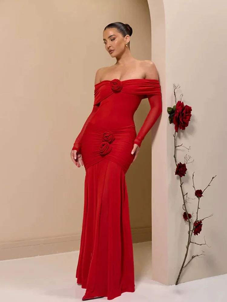 Off Shoulder Long Sleeve Rosette Mermaid Gown - View 18