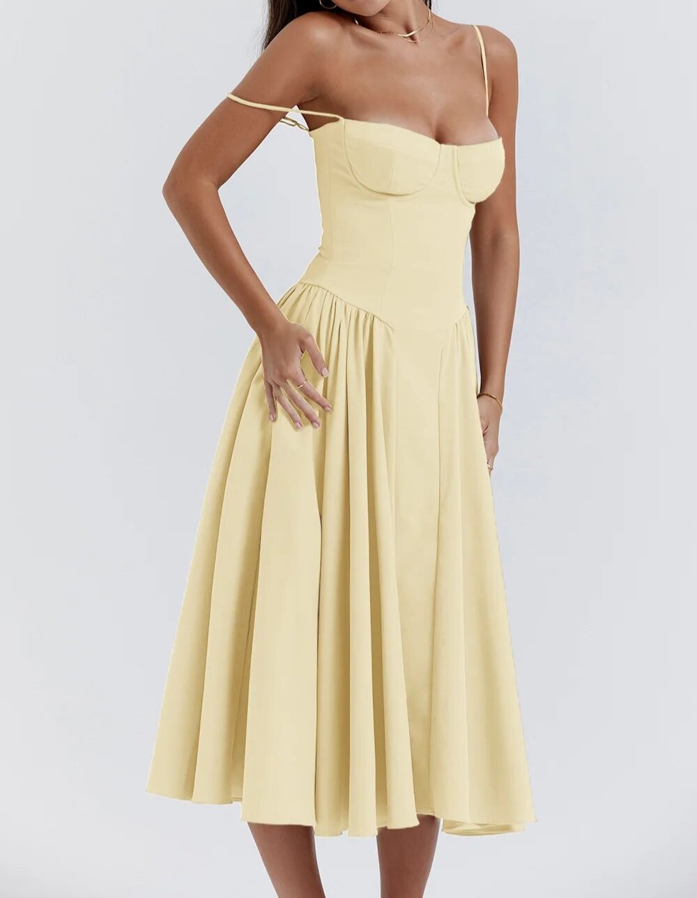 Spaghetti Strap Sweetheart Corset Fit and Flare Midi Dress - View 17