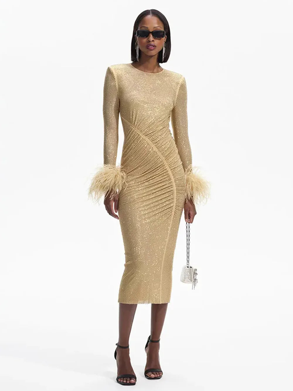 Long Sleeve Feathers Rhinestone Midi Dress - View 3
