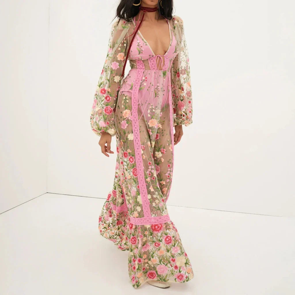 Floral Embroidery Mesh Bishop Sleeve Deep V-Neck Maxi Gown