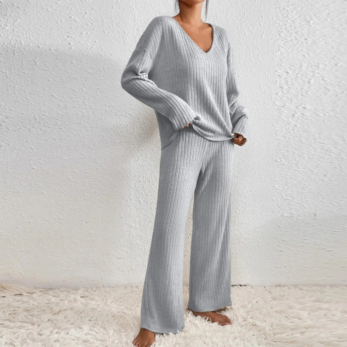 Ribbed Knit V-Neck Long Sleeve Top and Wide Leg Pants Two Piece Set 13