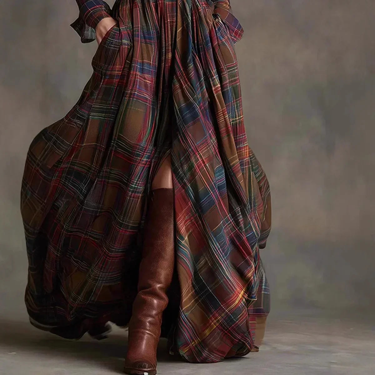 Plaid Belted Long Sleeve High Low Maxi Shirt Dress 5