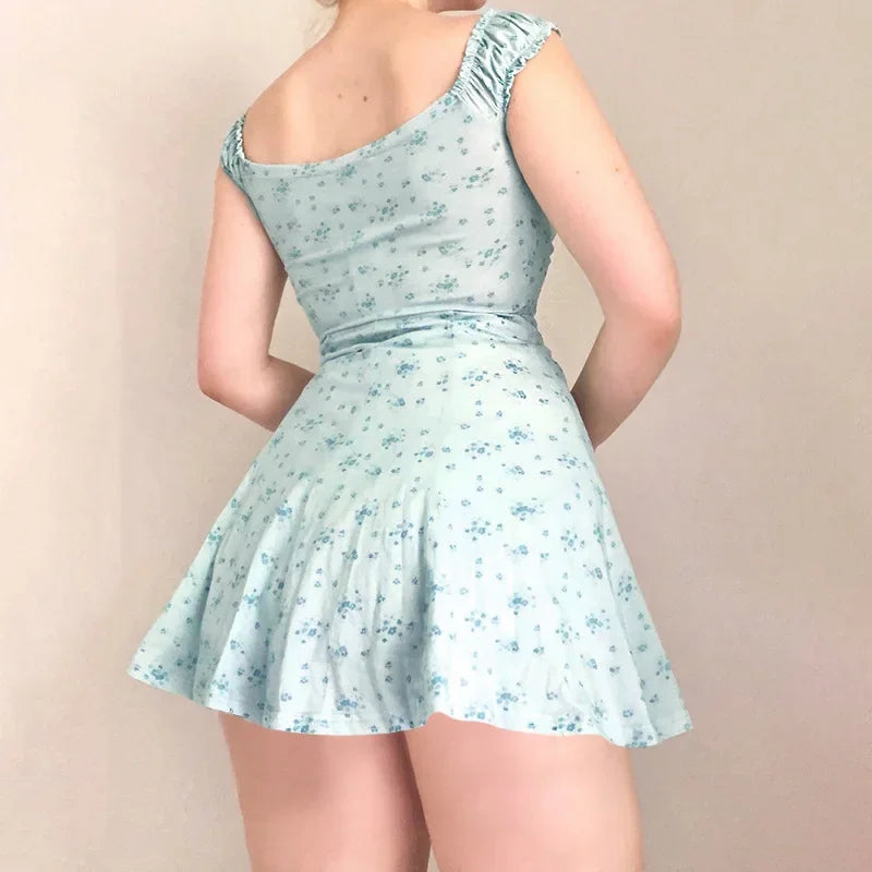 Floral Off Shoulder Puff Sleeve Lace Trim Ruffle Hem Mini Dress - View 2