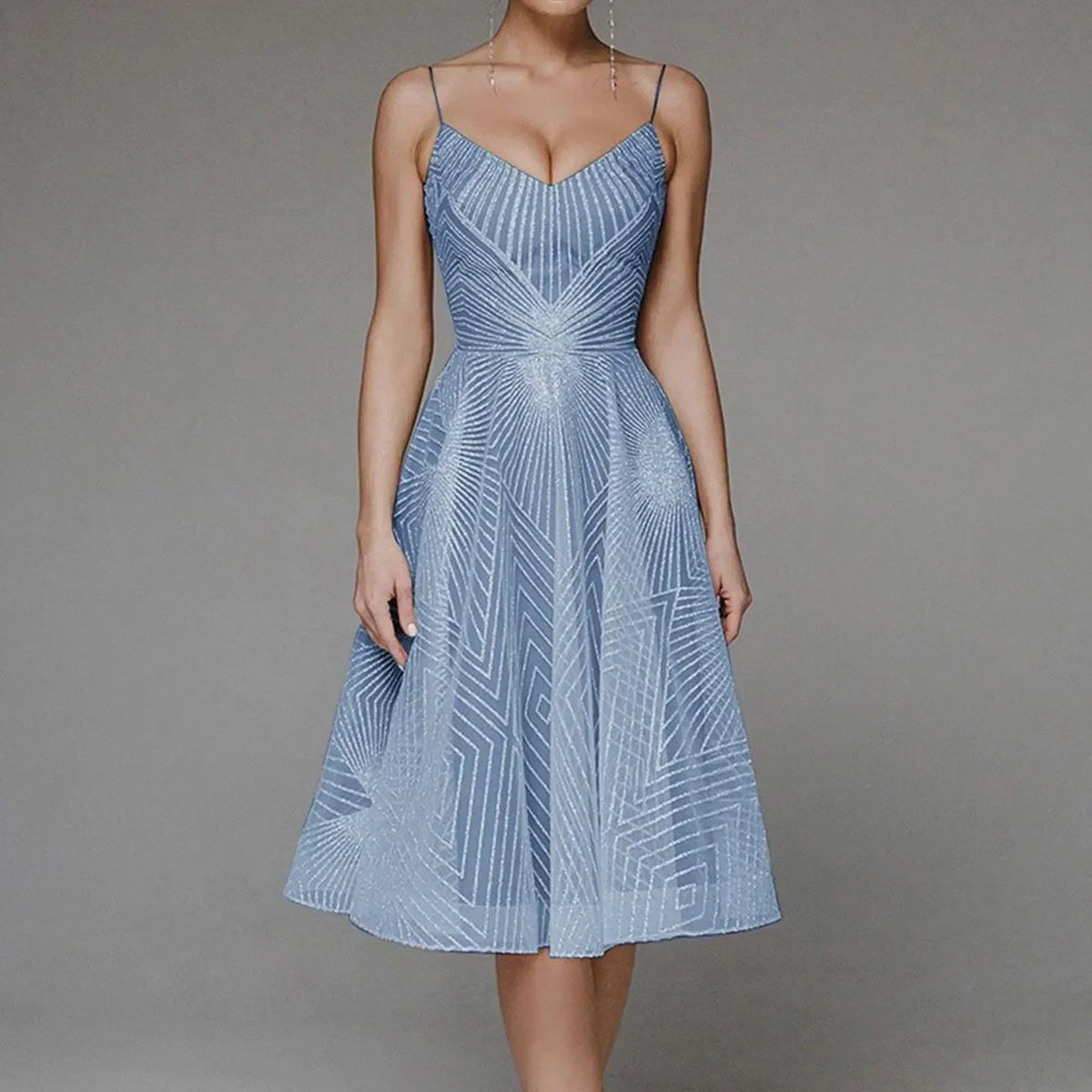 Sequin Geometric Spaghetti Strap A-Line Cocktail Midi Dress - View 4