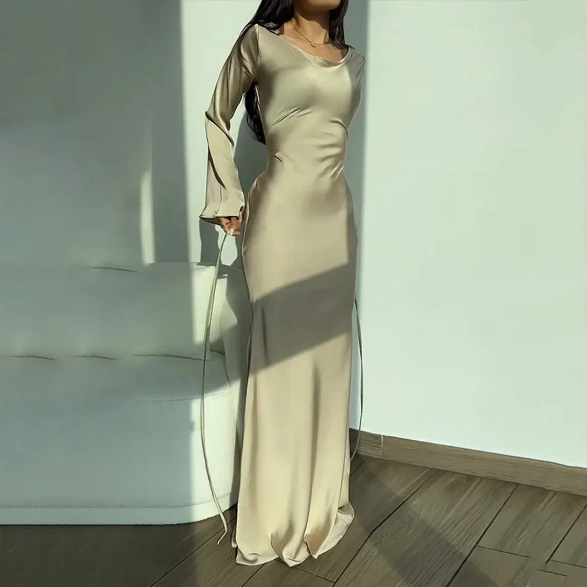 Satin Cowl Neck Bell Sleeve Bodycon Maxi Gown - View 4