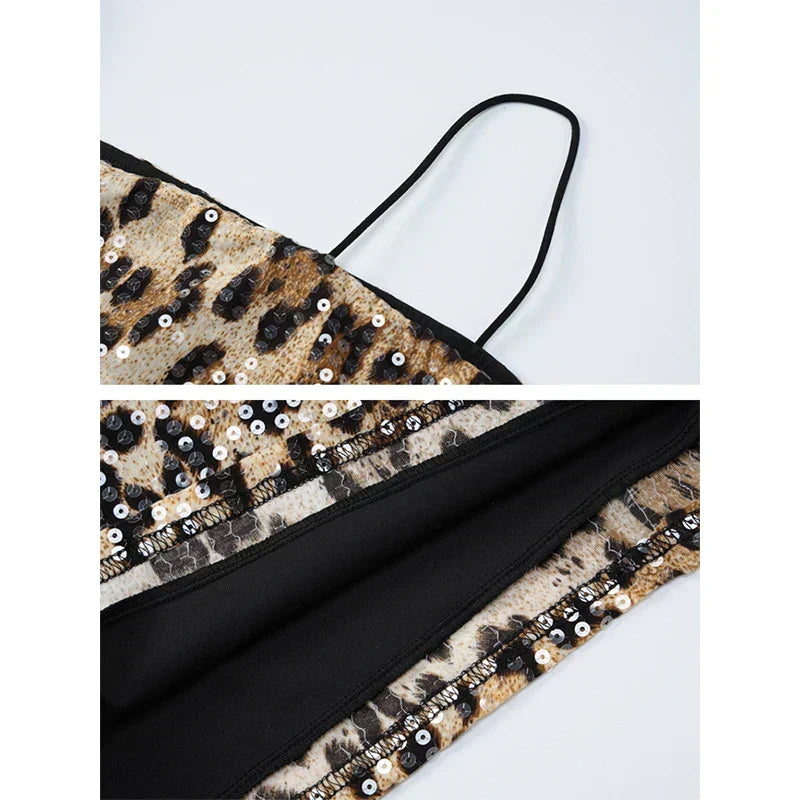 Leopard Print Sequin Square Neck Spaghetti Strap Bodycon Mini Dress - View 6