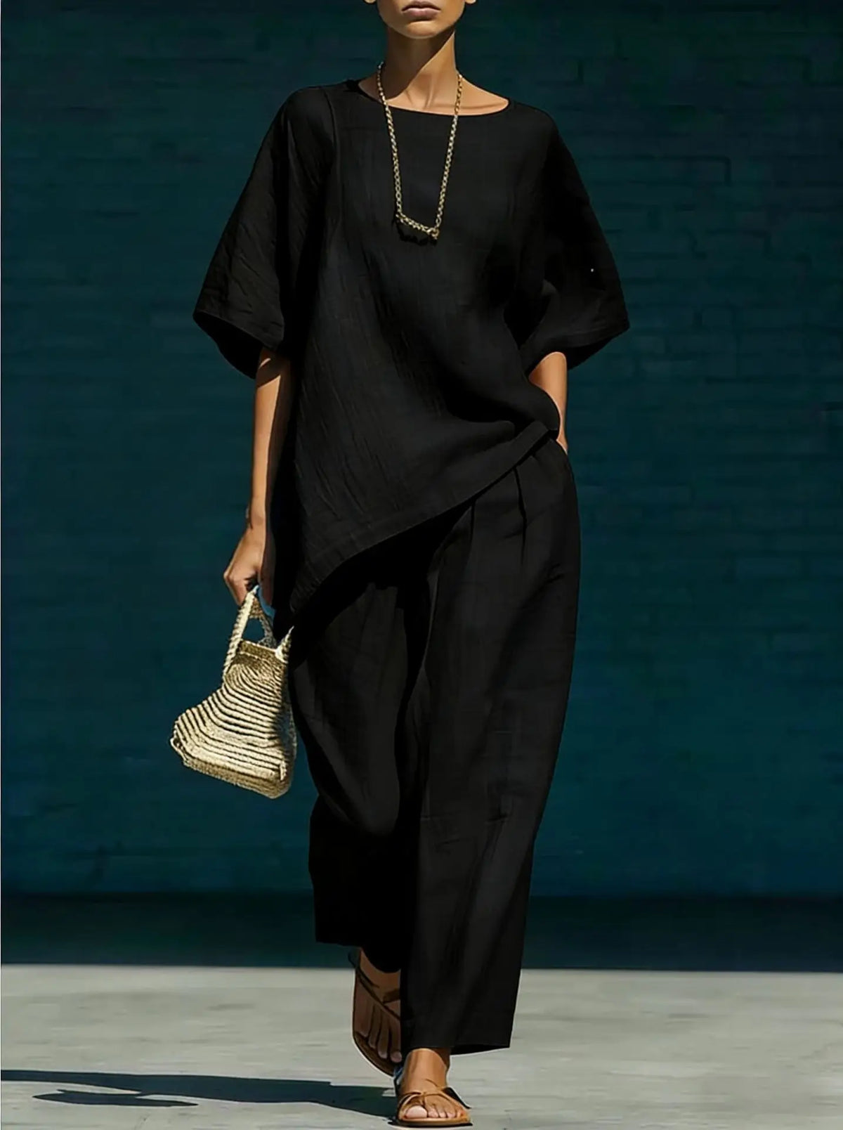 Boat Neck Short Sleeve Top and Wide Leg Pants Two Piece Set 10