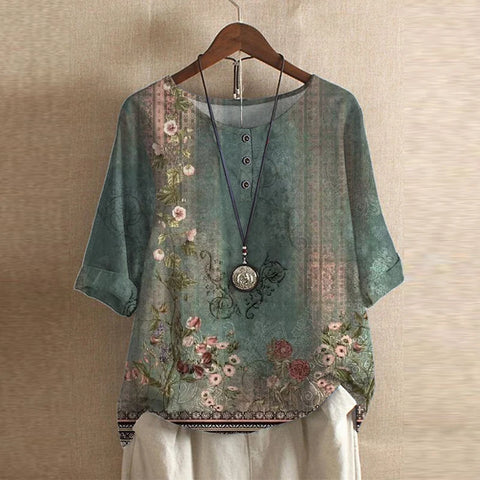 Floral Embroidered Round Neck Roll Tab Sleeve Tunic Top 4