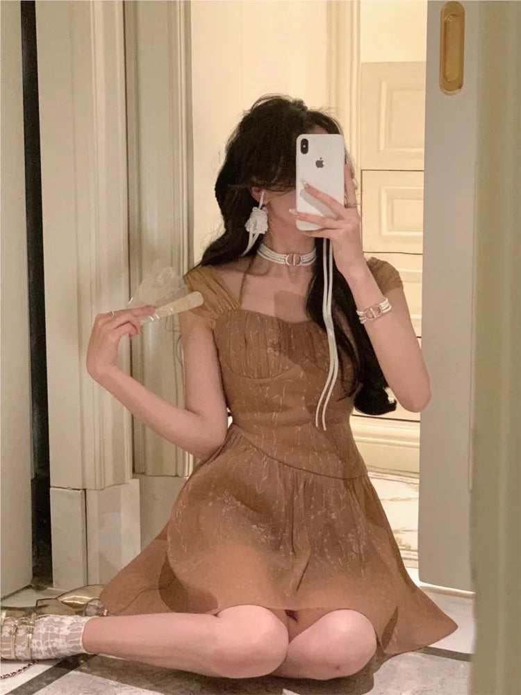 Square Neck Cap Sleeve Ruched Fit and Flare Midi Dress - View 5