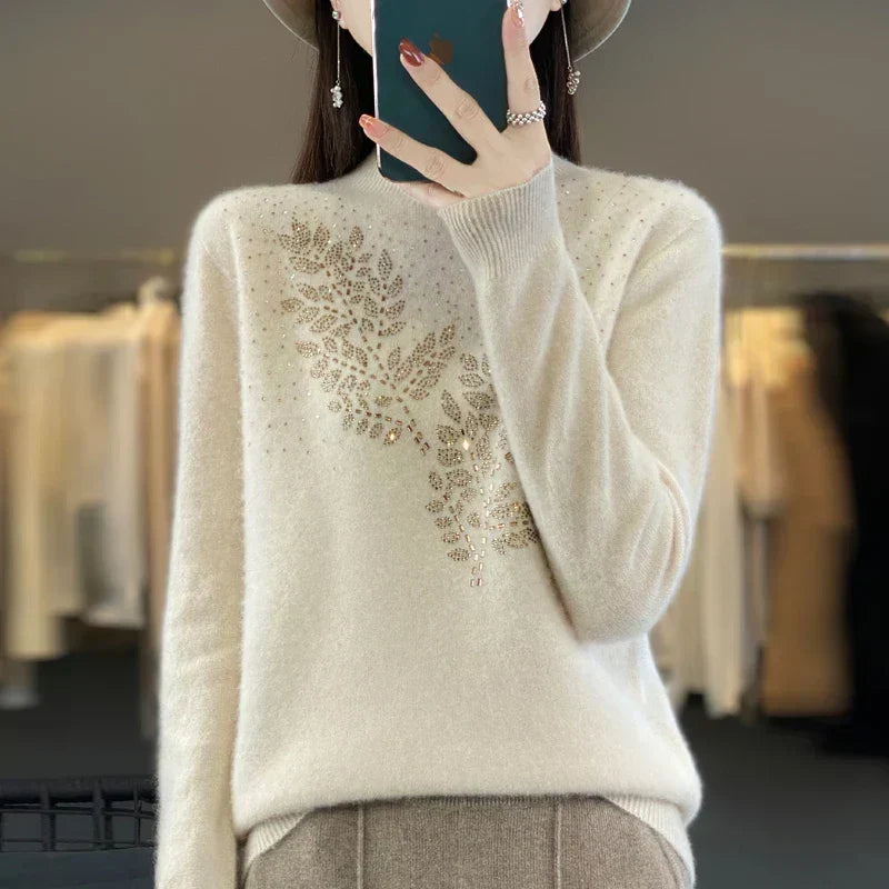 Mock Neck Long Sleeve Rhinestone Knit Sweater