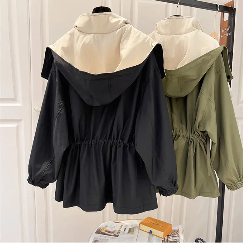 Contrast Collar Button Front Drawstring Windbreaker Jacket 4
