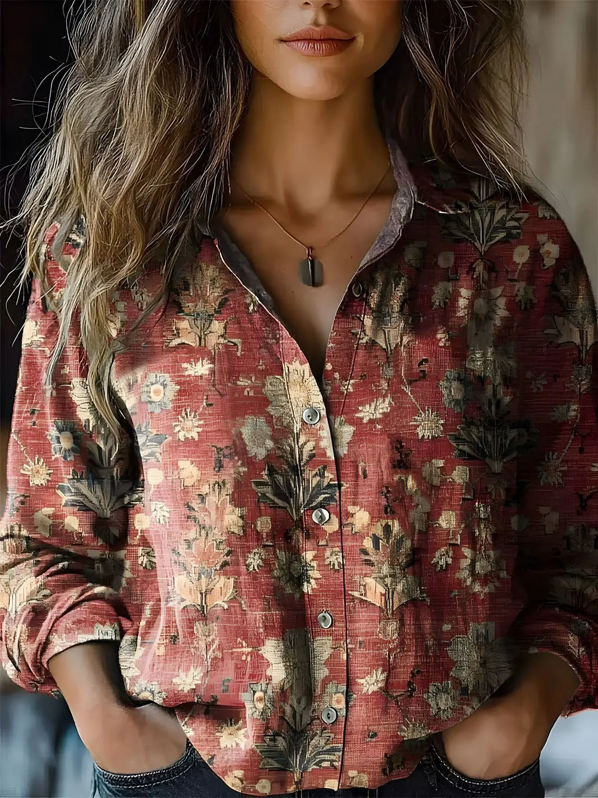 Floral Print Long Sleeve Button Front Utility Shirt 8