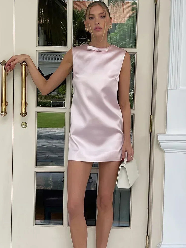 Satin Deep V-Back Bow Detail Wide Strap Shift Cocktail Mini Dress - View 5